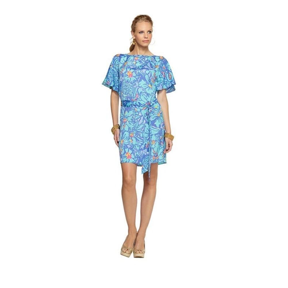 Lilly Pulitzer Demaris Belted Tunic Dress Blue Floral Mai Tai Print Size Small